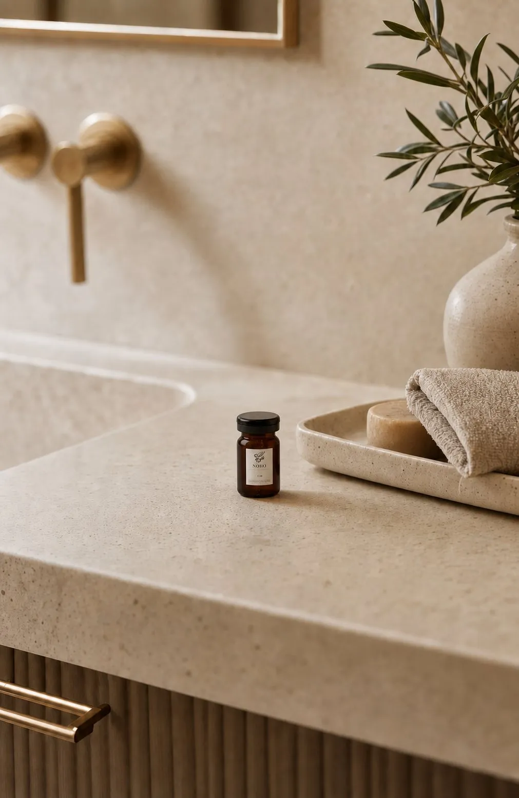 NOHO amber glass jar on a travertine vanity